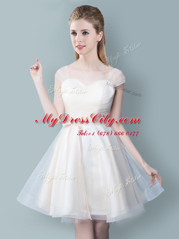Straps Knee Length Empire Cap Sleeves Champagne Wedding Party Dress Zipper