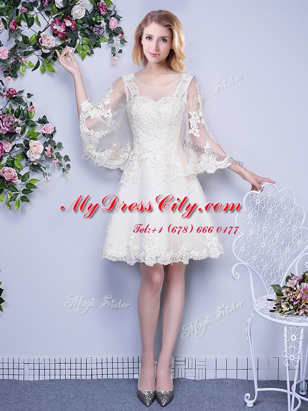 Pretty Scoop White Tulle Lace Up Quinceanera Court of Honor Dress 3 4 Length Sleeve Knee Length Lace