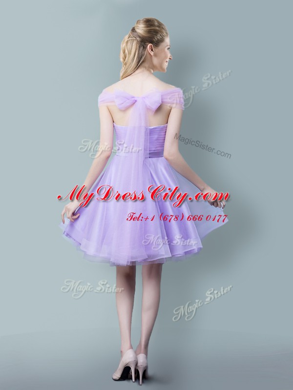 Cute Straps Lavender Empire Ruching and Bowknot Bridesmaids Dress Zipper Tulle Cap Sleeves Knee Length