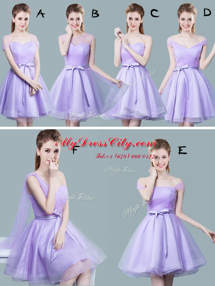 Cute Straps Lavender Empire Ruching and Bowknot Bridesmaids Dress Zipper Tulle Cap Sleeves Knee Length