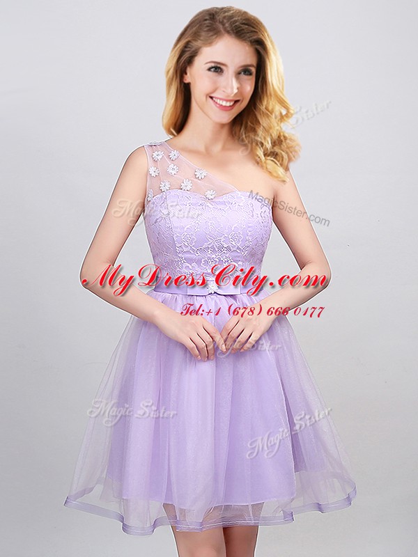 One Shoulder Lace and Appliques and Belt Quinceanera Dama Dress Lavender Lace Up Sleeveless Mini Length