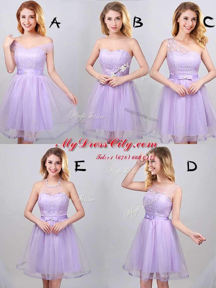 One Shoulder Lace and Appliques and Belt Quinceanera Dama Dress Lavender Lace Up Sleeveless Mini Length