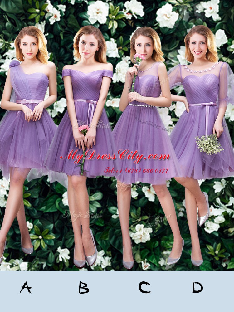 Inexpensive Tulle Scoop Sleeveless Lace Up Beading and Ruching and Belt Quinceanera Court Dresses in Lavender