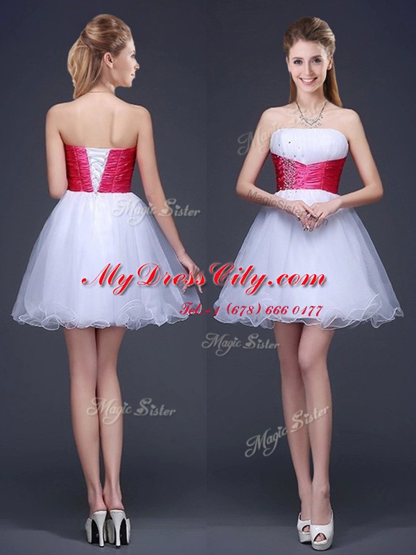Sweet White A-line Organza Strapless Sleeveless Beading and Ruching and Belt Mini Length Lace Up Quinceanera Court of Honor Dress