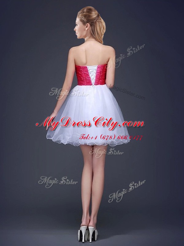 Sweet White A-line Organza Strapless Sleeveless Beading and Ruching and Belt Mini Length Lace Up Quinceanera Court of Honor Dress