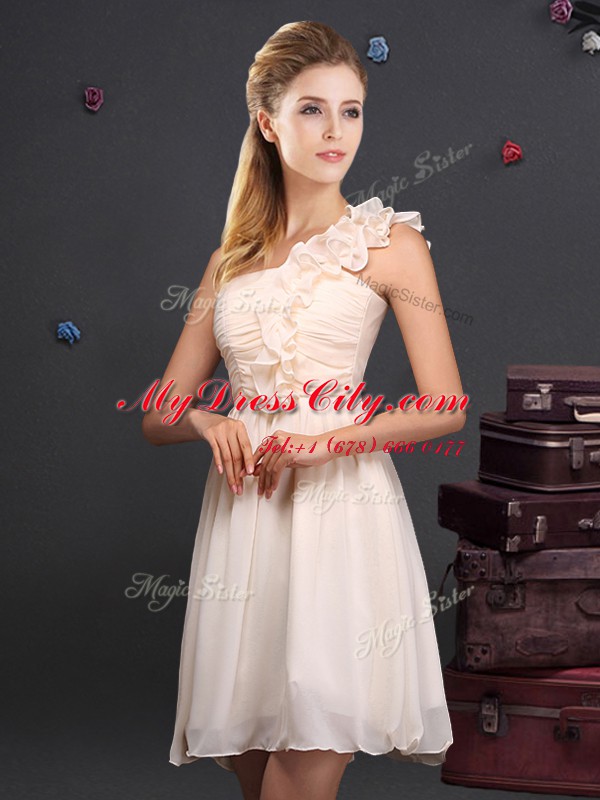 One Shoulder Sleeveless Zipper Mini Length Ruffles and Ruching Bridesmaid Gown