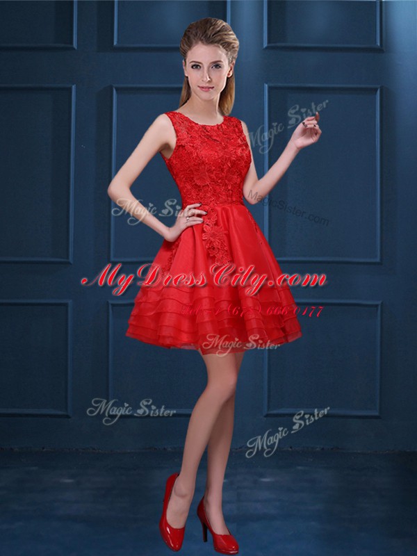 Glorious Red A-line Organza Scoop Sleeveless Lace and Ruffled Layers Mini Length Zipper Quinceanera Court Dresses