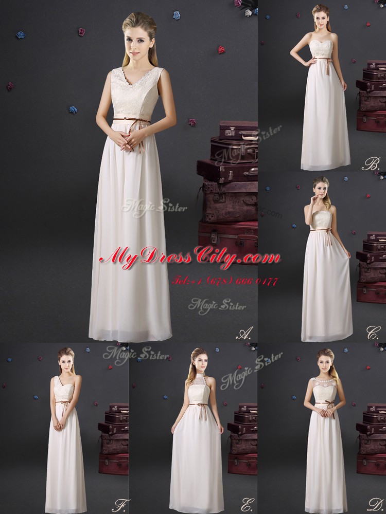 One Shoulder White Sleeveless Lace and Appliques and Belt Floor Length Bridesmaid Dress