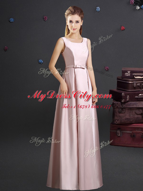 Hot Selling Square Pink Zipper Bridesmaids Dress Bowknot Sleeveless Floor Length