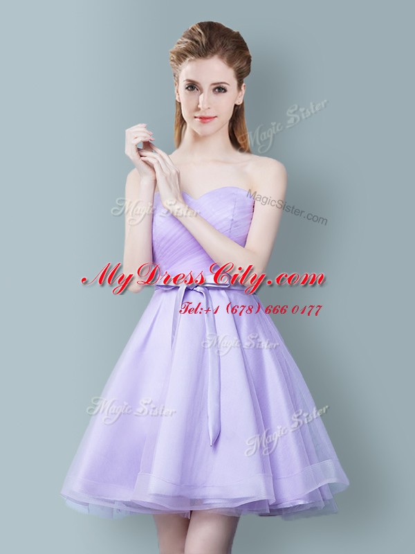 Tulle Sweetheart Sleeveless Zipper Ruching and Bowknot Dama Dress for Quinceanera in Lavender