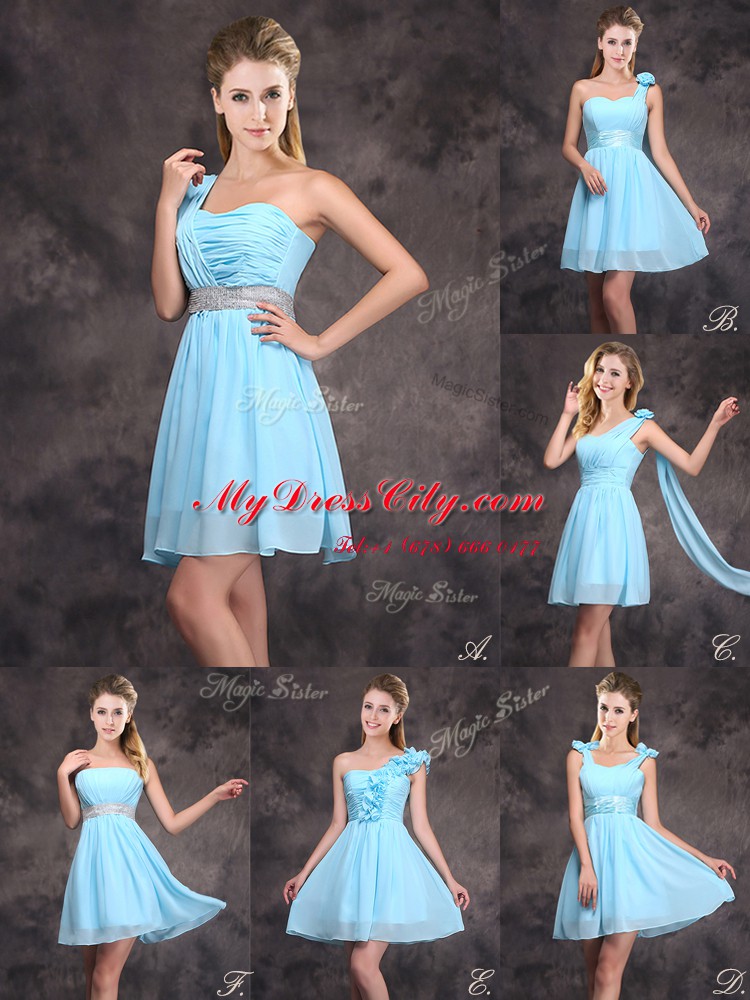 Fashion Baby Blue Zipper Wedding Party Dress Sequins and Ruching Sleeveless Mini Length