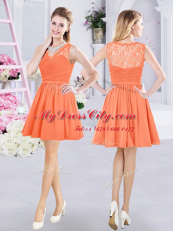 Orange Side Zipper V-neck Lace and Ruching Bridesmaids Dress Chiffon Sleeveless