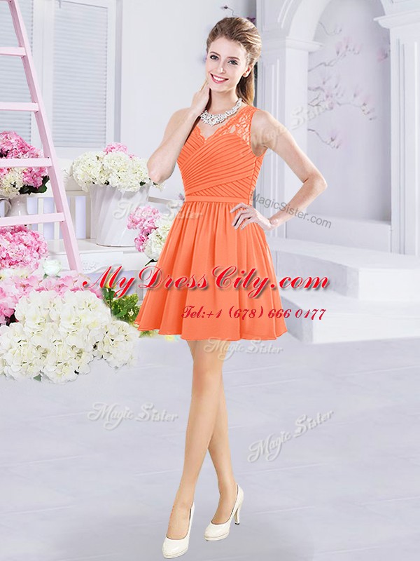 Orange Side Zipper V-neck Lace and Ruching Bridesmaids Dress Chiffon Sleeveless