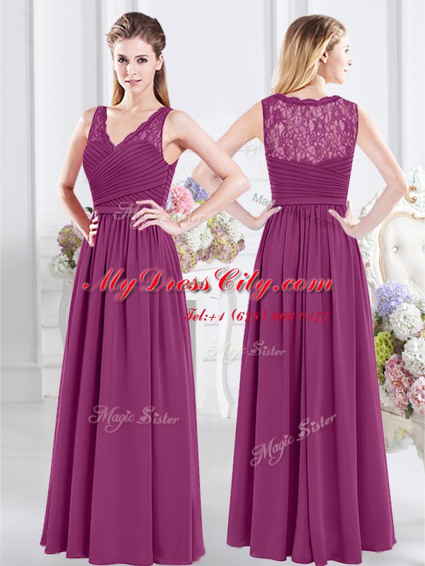 Fabulous Fuchsia Empire Chiffon V-neck Sleeveless Lace and Ruching Floor Length Side Zipper Vestidos de Damas