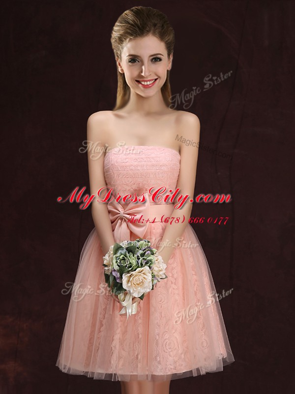 Hot Sale Mini Length Peach Bridesmaid Dresses Strapless Sleeveless Lace Up
