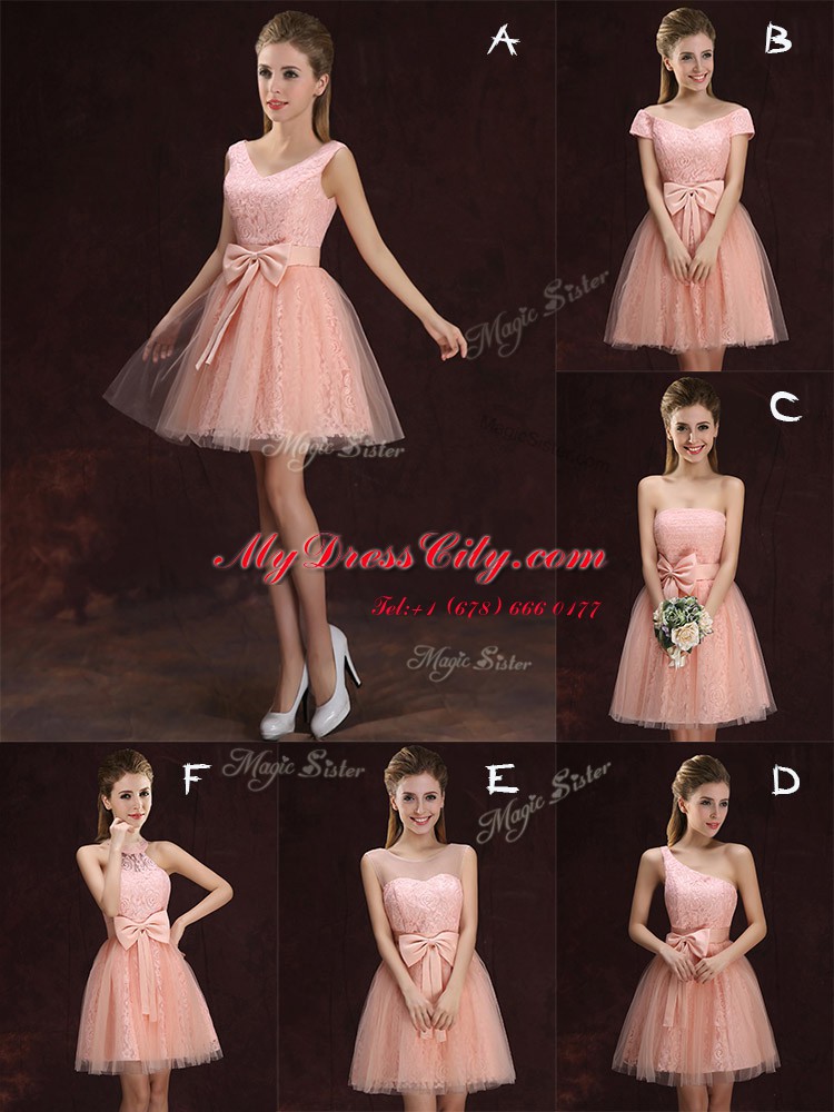 Hot Sale Mini Length Peach Bridesmaid Dresses Strapless Sleeveless Lace Up