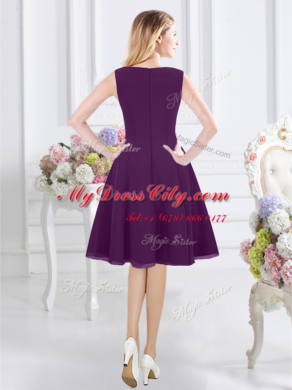Sophisticated Purple Empire Chiffon Bateau Sleeveless Ruching Knee Length Zipper Bridesmaid Gown
