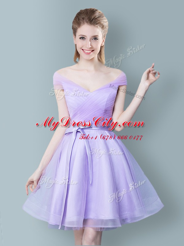 Lavender Cap Sleeves Ruching and Bowknot Knee Length Bridesmaid Gown
