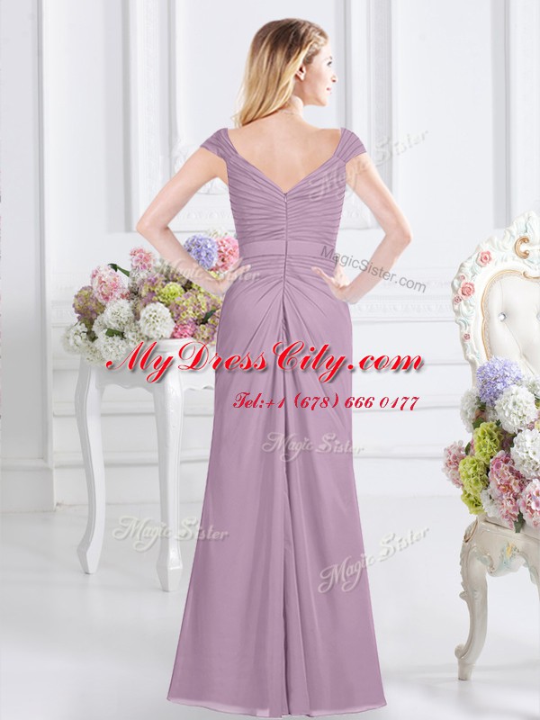 Lavender Cap Sleeves Beading and Ruching Floor Length Bridesmaids Dress