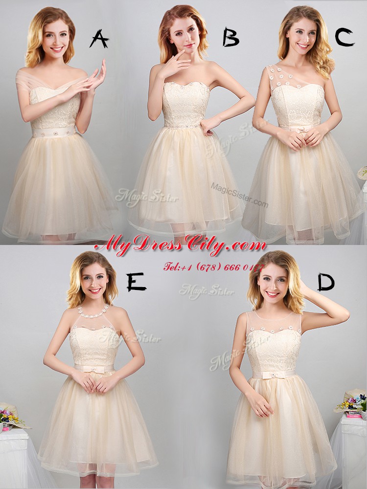 Halter Top Mini Length Lace Up Quinceanera Court Dresses Champagne for Prom and Party and Wedding Party with Lace and Appliques and Belt