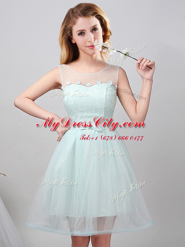 Great Scoop Apple Green A-line Lace and Appliques and Belt Quinceanera Court of Honor Dress Lace Up Tulle Sleeveless Mini Length