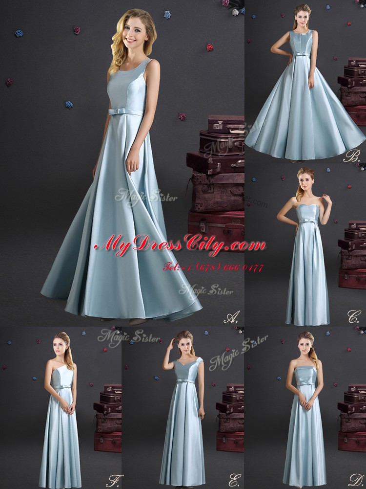 One Shoulder Sleeveless Wedding Guest Dresses Bowknot Light Blue Elastic Woven Satin