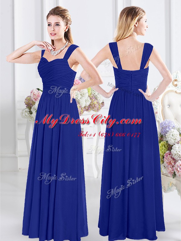 Best Straps Floor Length Zipper Dama Dress Royal Blue for Prom and Party and Wedding Party with Ruching
