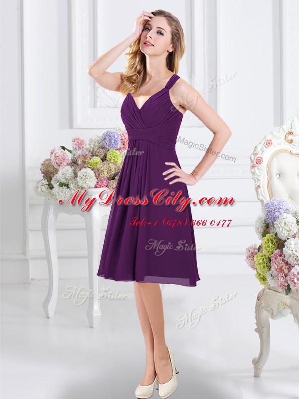 Super Purple Zipper Wedding Guest Dresses Ruching Sleeveless Knee Length