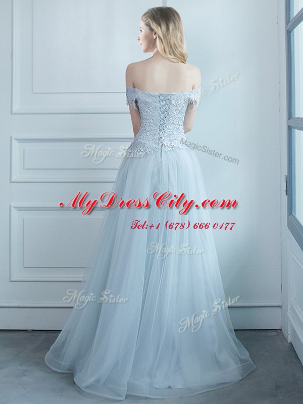Beauteous Off the Shoulder Light Blue Cap Sleeves Beading and Appliques Floor Length Quinceanera Court Dresses