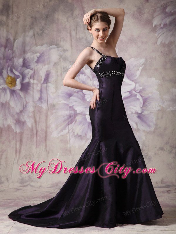 Modest Dark Purple Mermaid One Shoulder Celebrity Dress with Beading