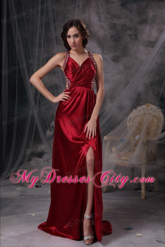 Wine Red Empire V-neck Celebrity Dress Beading and Ruch Decorate