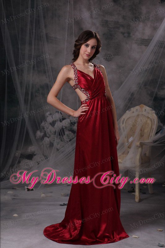 Wine Red Empire V-neck Celebrity Dress Beading and Ruch Decorate