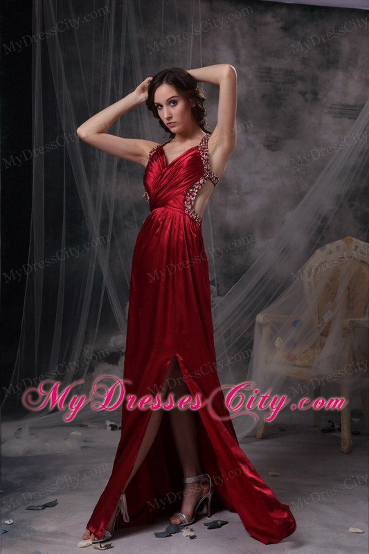 Wine Red Empire V-neck Celebrity Dress Beading and Ruch Decorate