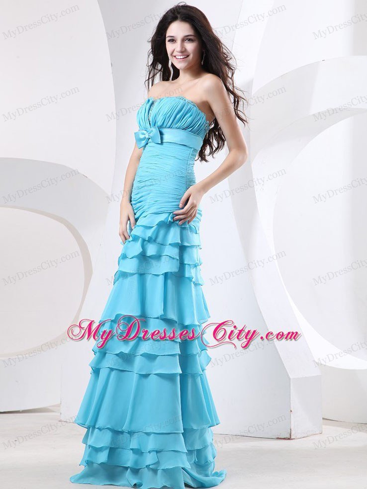 Ruche and Beading Aqua Ruffled Layers For Celebrity Dress With Bowknot