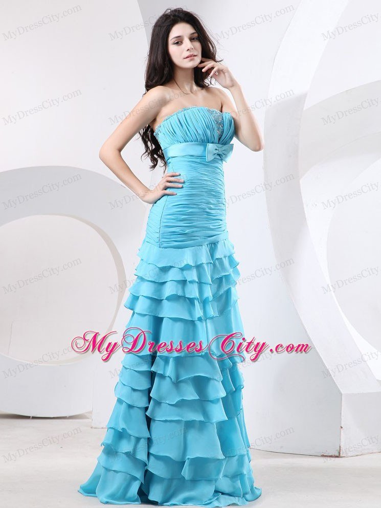 Ruche and Beading Aqua Ruffled Layers For Celebrity Dress With Bowknot