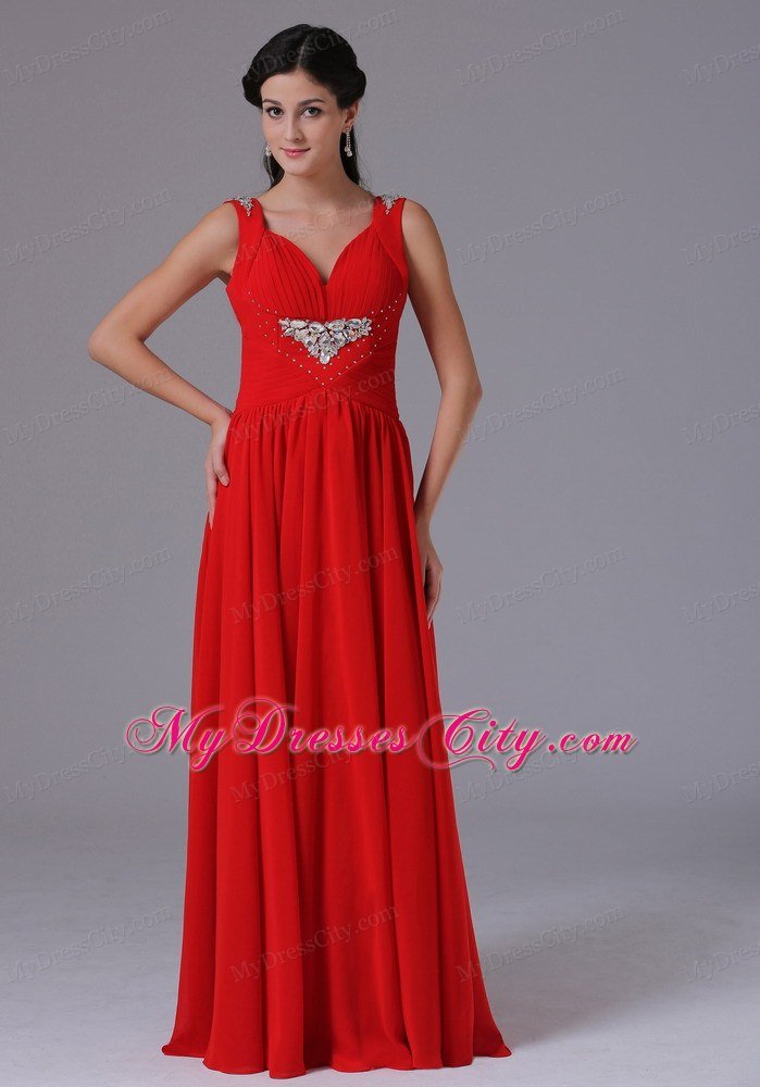V-neck Beading and Ruching Red Chiffon Celebrity Dress Floor-length