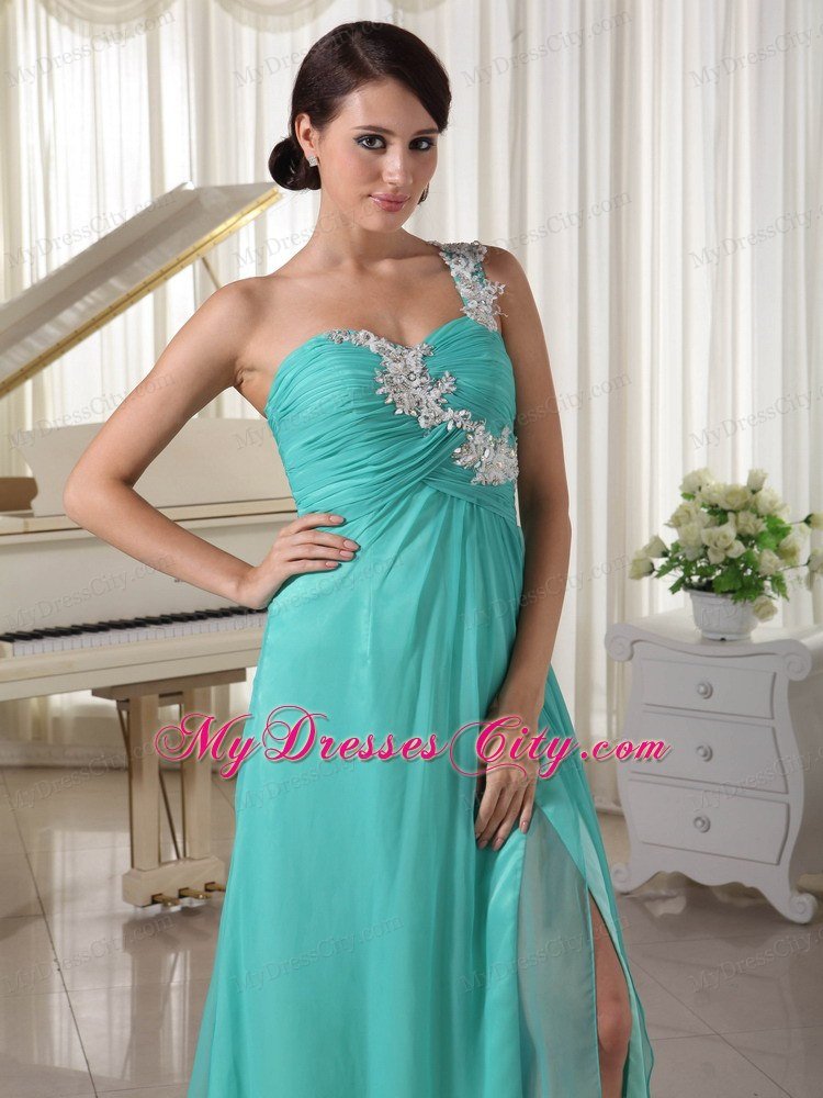 Turquoise Appliques One High Slit Chiffon and Celebrity Dress Brush Train