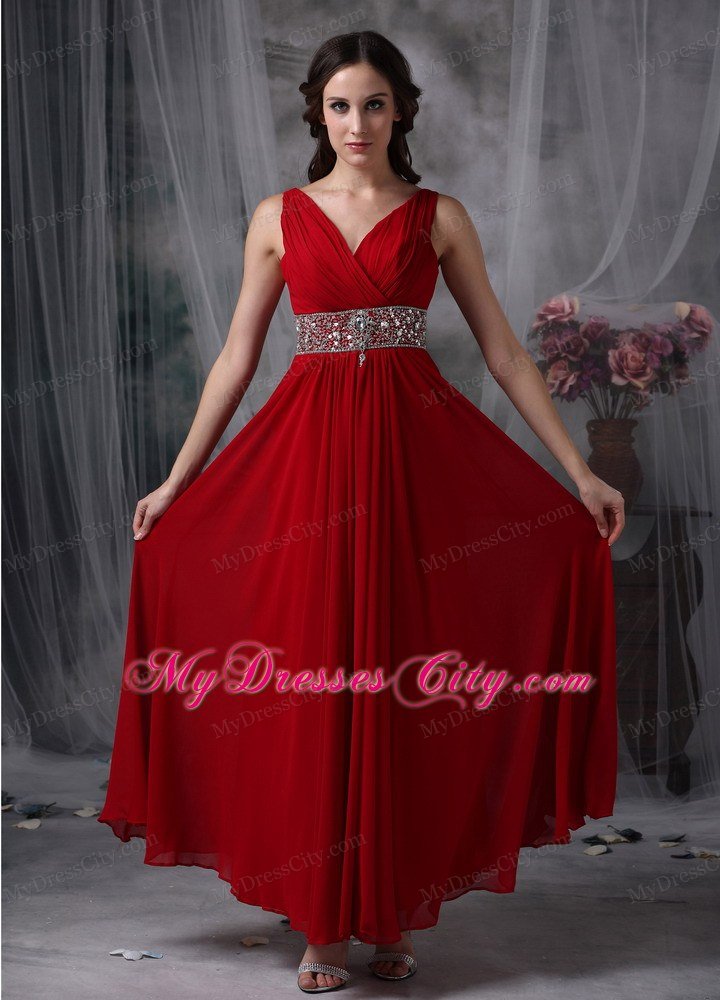 V-neck Chiffon Red Empire Ankle-length Celebrity Dress with Beaded Waist