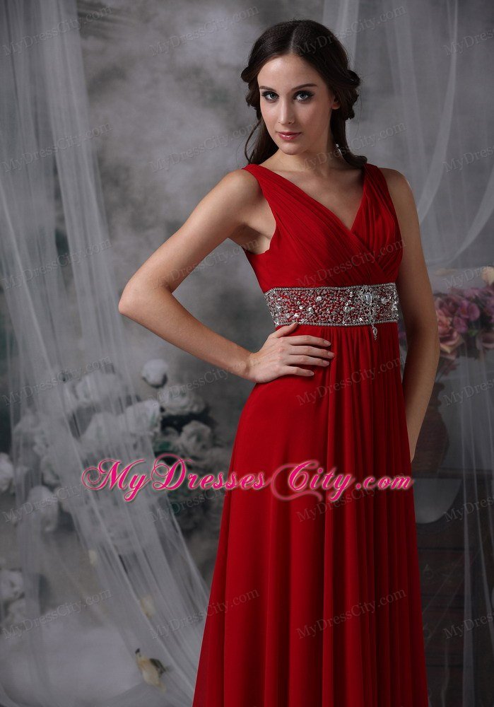 V-neck Chiffon Red Empire Ankle-length Celebrity Dress with Beaded Waist