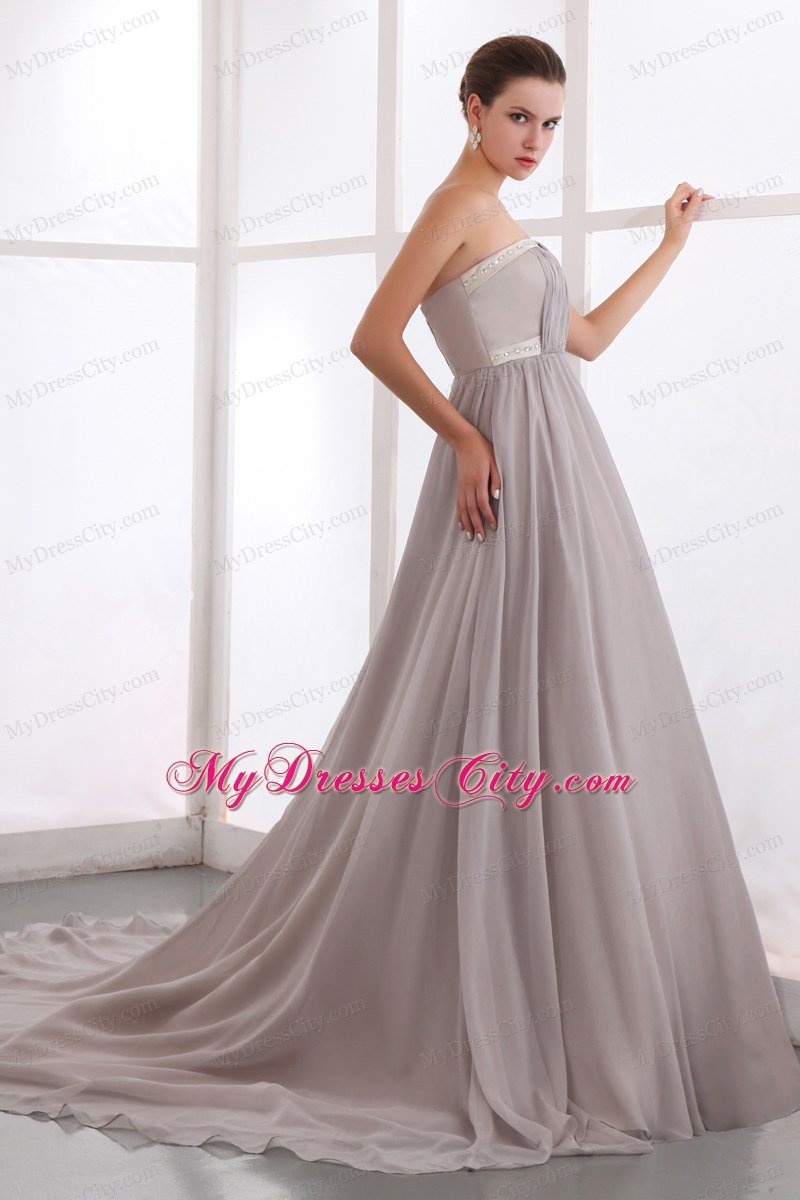 Grey A-line Beading Celebrity Dress with Court Train Chiffon Ruching