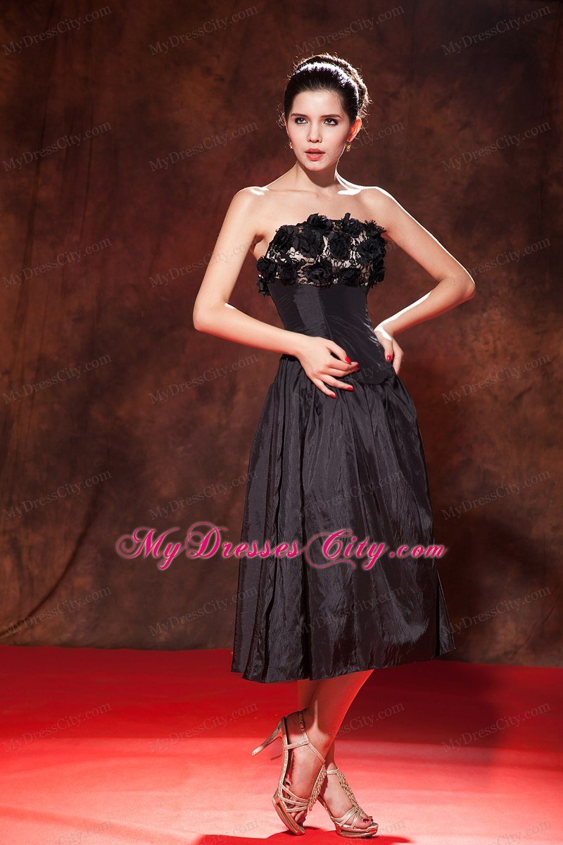 Black Strapless Prom Dress Tea-length Taffeta Hand Made Flowers