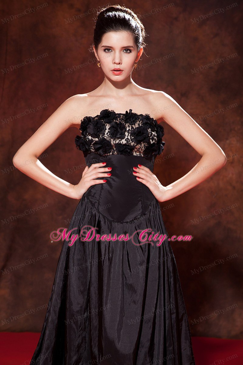 Black Strapless Prom Dress Tea-length Taffeta Hand Made Flowers