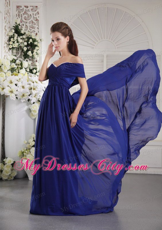 One Shoulder Brush Train Zipper Back Prom Dress Blue