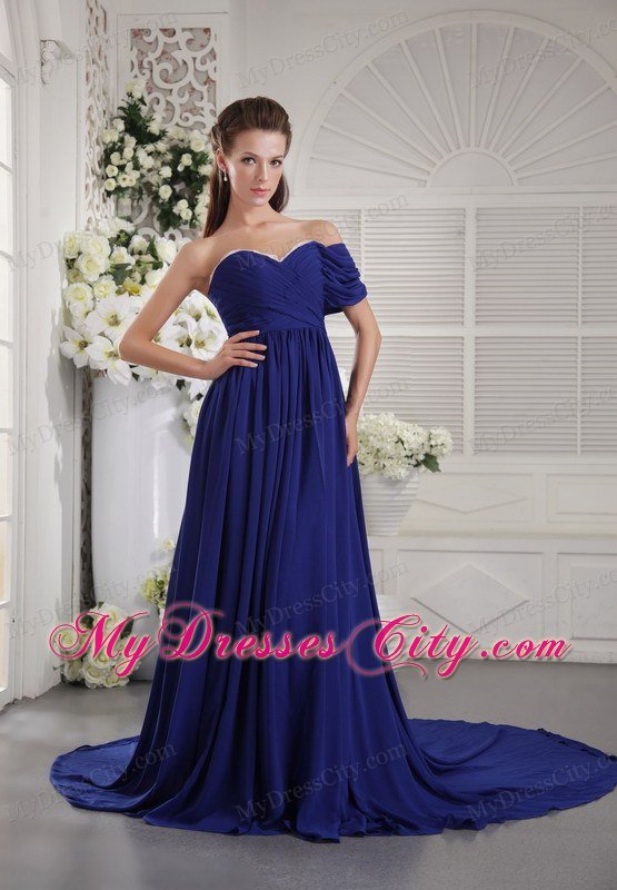 One Shoulder Brush Train Zipper Back Prom Dress Blue