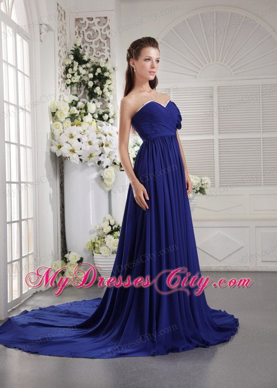 One Shoulder Brush Train Zipper Back Prom Dress Blue