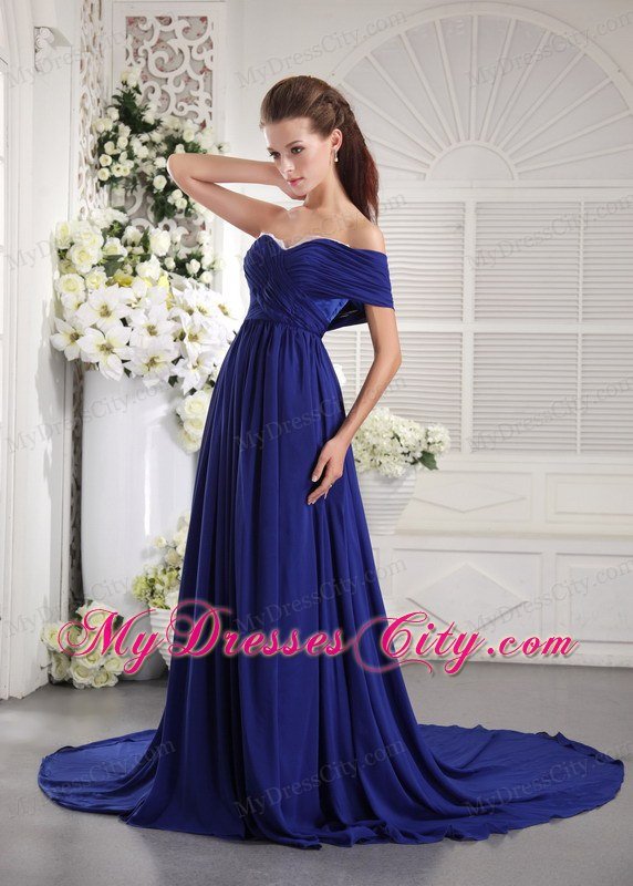 One Shoulder Brush Train Zipper Back Prom Dress Blue