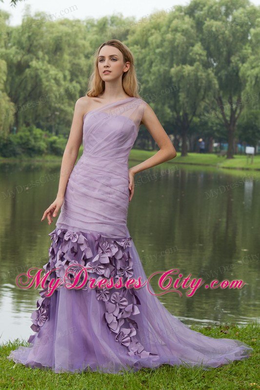 One Shoulder Brush Train Hand Flowers Prom Dress Lilac
