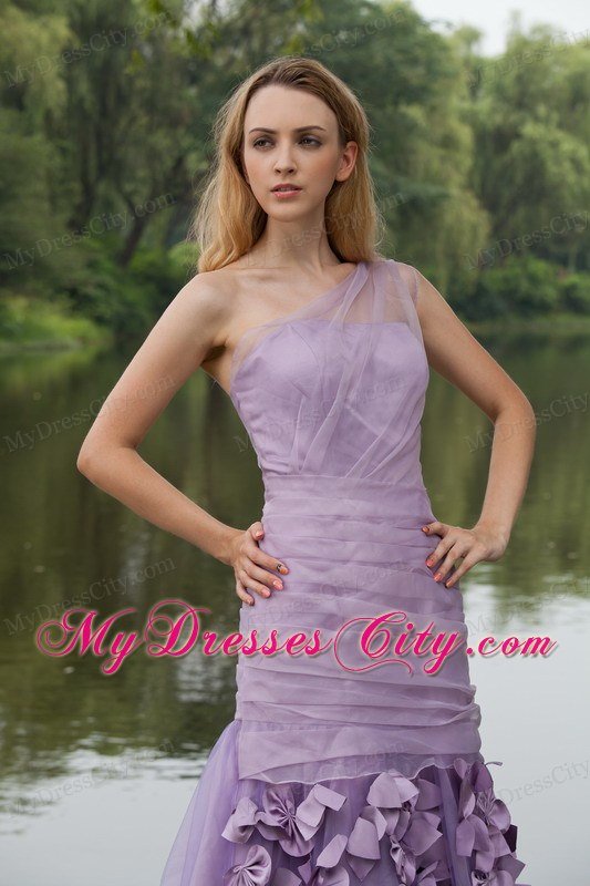One Shoulder Brush Train Hand Flowers Prom Dress Lilac