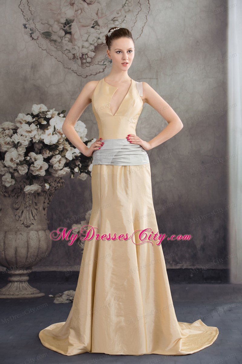 Column Sash Brush Train Celebrity Dress in Nude Color