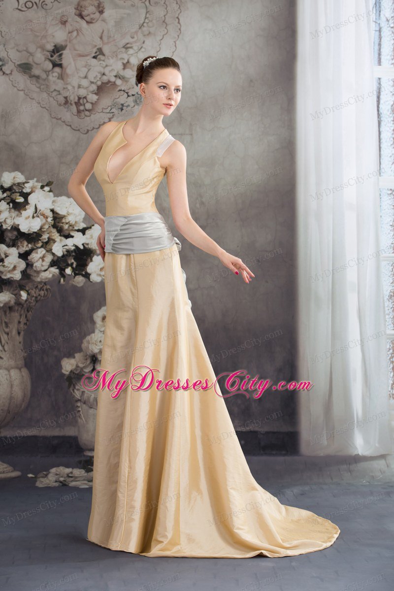Column Sash Brush Train Celebrity Dress in Nude Color